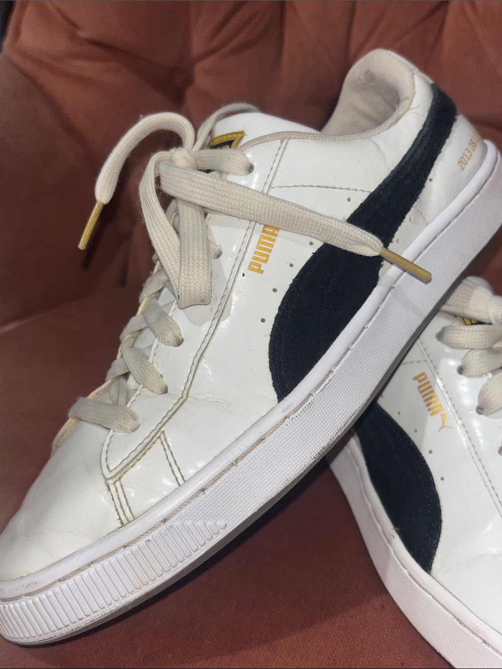 BTS X Puma basket white patent leather low top sneakers flower sole men’s 7.5